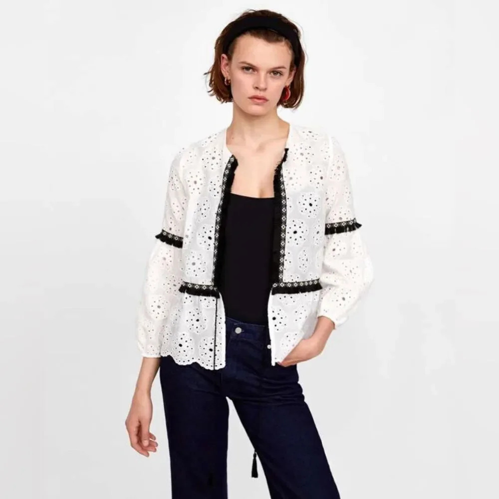 Zara white eyelet open front black braided/fringed trim cord waistband top, Med